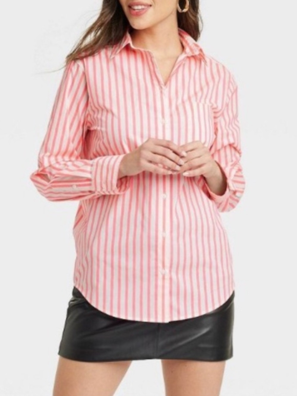 a New Day Pink Striped Slim Fit Boyfriend Tailored Long Sleeve Button Down Shirt
